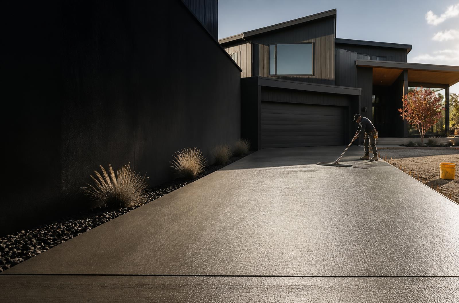 Fresh concrete driveway being finished at a modern home